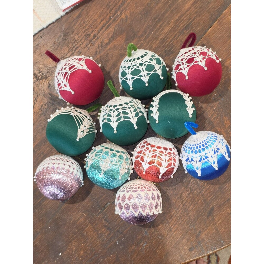 Vintage Hand Crocheted Lace Beaded Satin Metallic Christmas Ornaments Lot 11